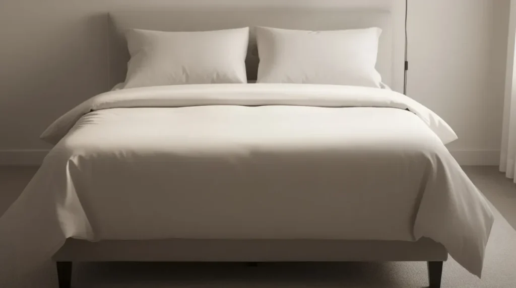 Een keurig opgemaakt tweepersoonsbed met een lichtgekleurd dekbedovertrek dat elegant over de randen van het matras valt, ideaal voor een goede nachtrust. Dit bed is perfect voor twee personen en biedt een comfortabele slaapervaring.