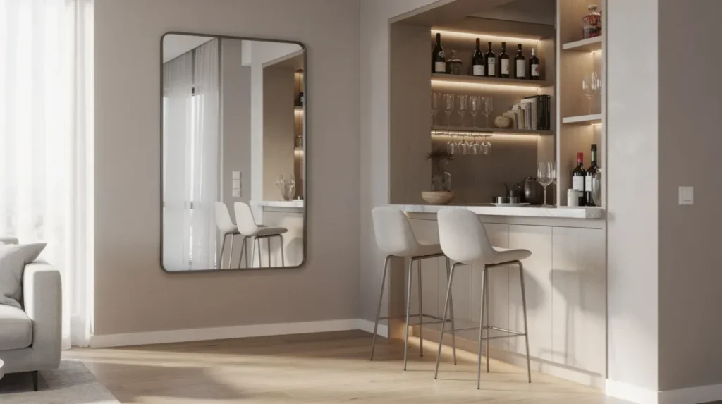 Een moderne barhoek met een open kast die stijlvol is ingericht met een grote vaas en een stapel boeken, omgeven door aardse tinten en een rustig kleurenpalet. Twee hoge krukken staan naast de kast, terwijl een spiegel aan de muur een speels effect toevoegt aan de ruimte.