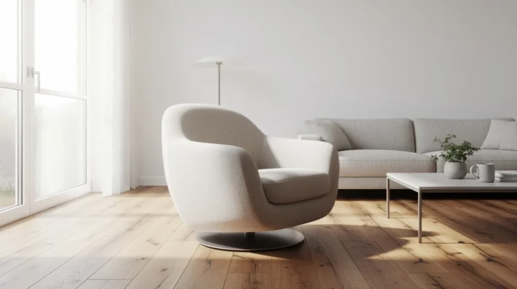 Een moderne draaifauteuil met ronde vormen staat in een lichte woonkamer met een houten vloer, waardoor het een stijlvolle toevoeging is aan het interieur. De fauteuil heeft zachte bekleding en een metalen onderstel, wat zorgt voor extra zitcomfort en flexibiliteit bij het veranderen van richting.