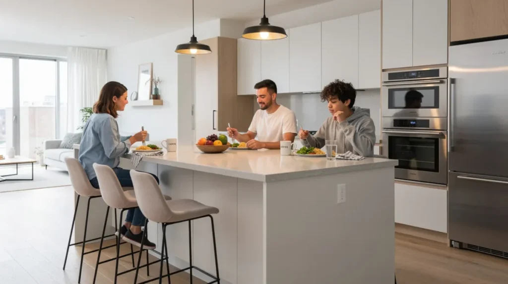 Een moderne open keuken met een eiland waar drie barkrukken staan, ontworpen voor gezellig tafelen.