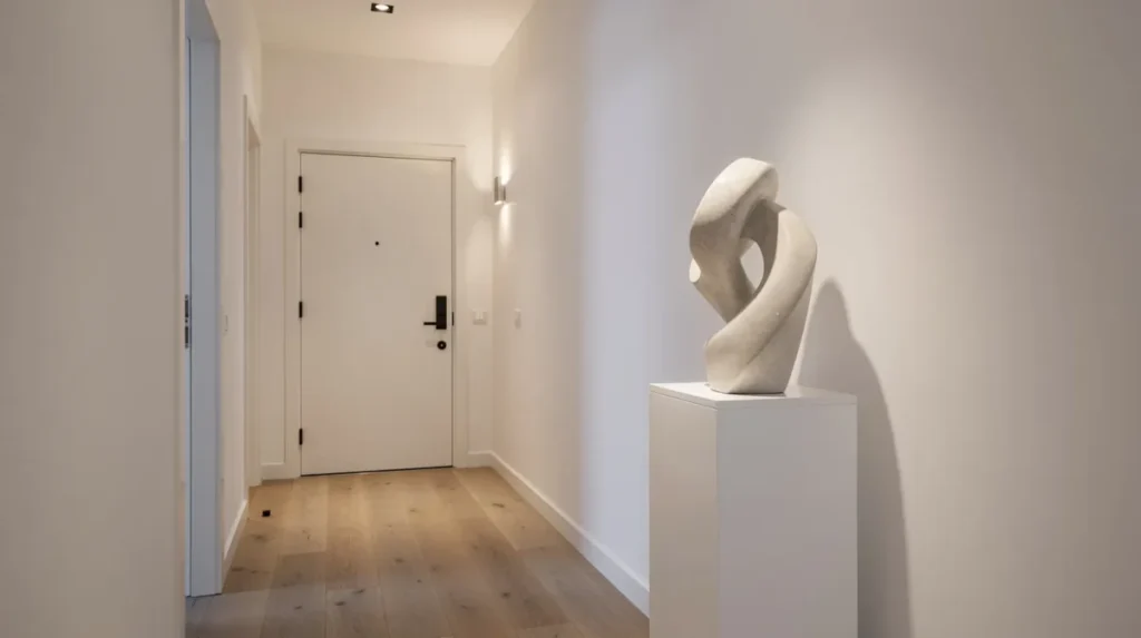 Een smalle hal met een elegant bronzen beeld op een witte zuil naast de voordeur, verlicht door warme verlichting die een luxe uitstraling creëert. Dit opvallende kunstwerk voegt een unieke sfeer toe aan het interieur en benadrukt de persoonlijke stijl van de ruimte.
