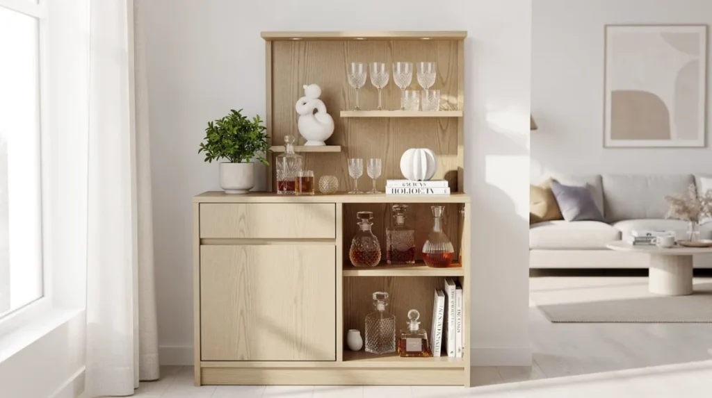 Een stijlvol ingerichte open kast in een lichte woonkamer, gevuld met glazen, karaffen en een mooie vaas, creëert een rustige sfeer met aardse tinten en strakke lijnen. Kleine accessoires en een paar decoratieve items vertellen een persoonlijk verhaal en zorgen voor een mooie balans in de ruimte.