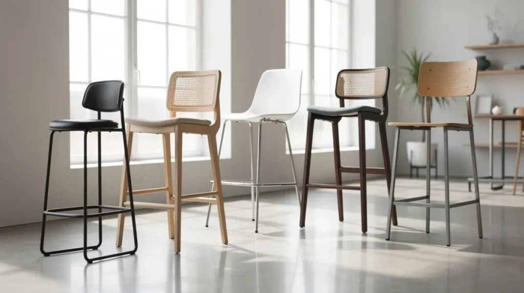 In een lichte showroom staan diverse barkrukken op een rij in verschillende materialen zoals hout en stof.