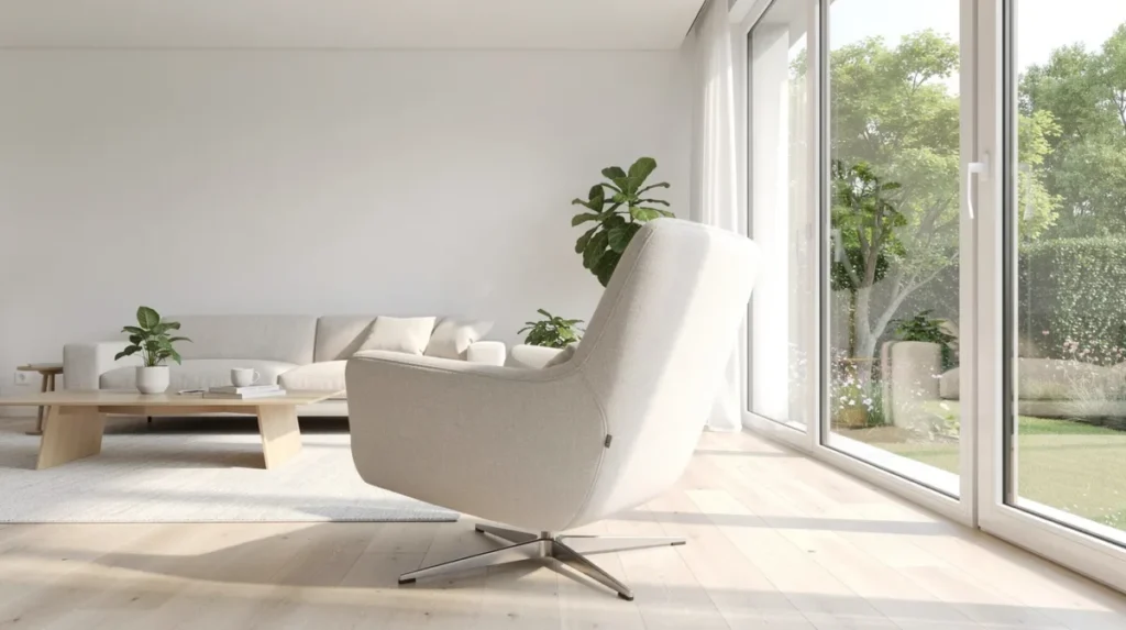In een lichte woonkamer staat een moderne draaifauteuil met zachte bekleding naast een groot raam, dat uitzicht biedt op een groene omgeving. Deze comfortabele zitplek, met een stijlvol ontwerp en een draaivoet, is een echte eyecatcher in het interieur en biedt extra flexibiliteit en zitcomfort.