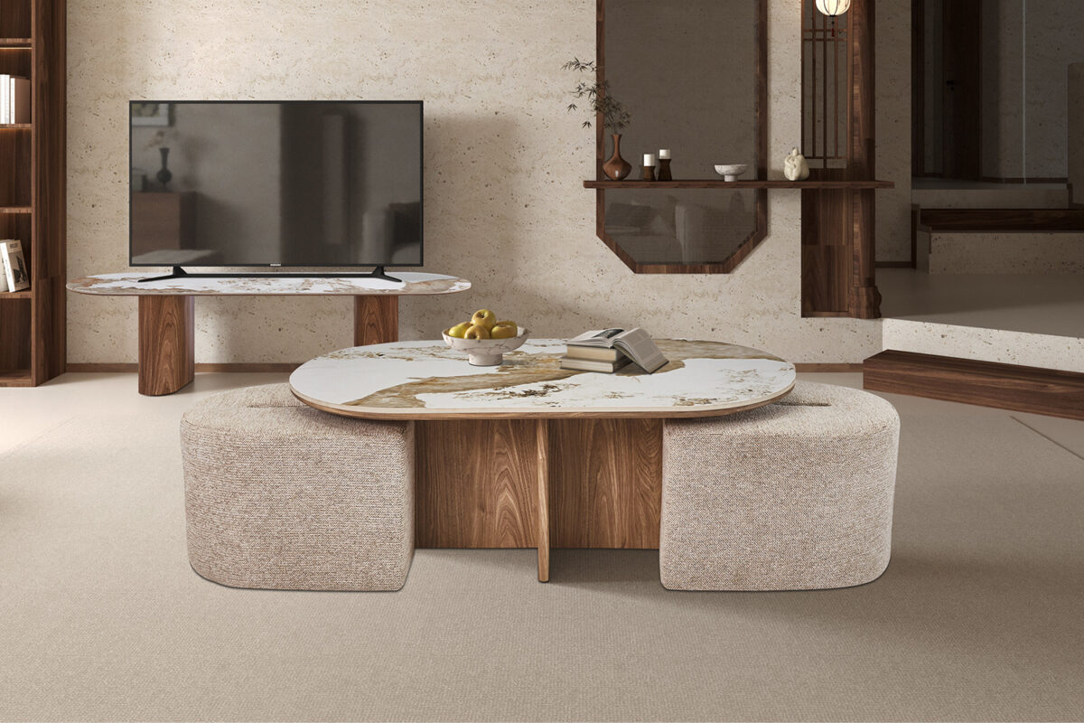 Salontafel Marbella Met 2 poefs marmerlook wit Hotel chique