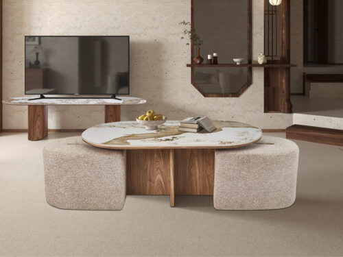 Salontafel Marbella Met 2 poefs marmerlook wit Hotel chique