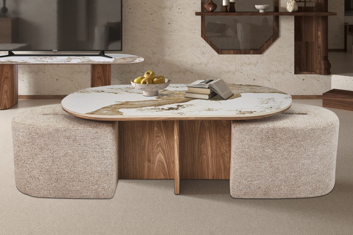 Salontafel Marbella Met 2 poefs marmerlook wit Hotel chique – foto 2