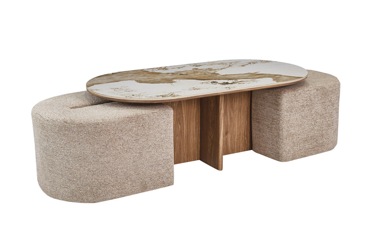 Salontafel Marbella Met 2 poefs marmerlook wit Hotel chique – foto 5
