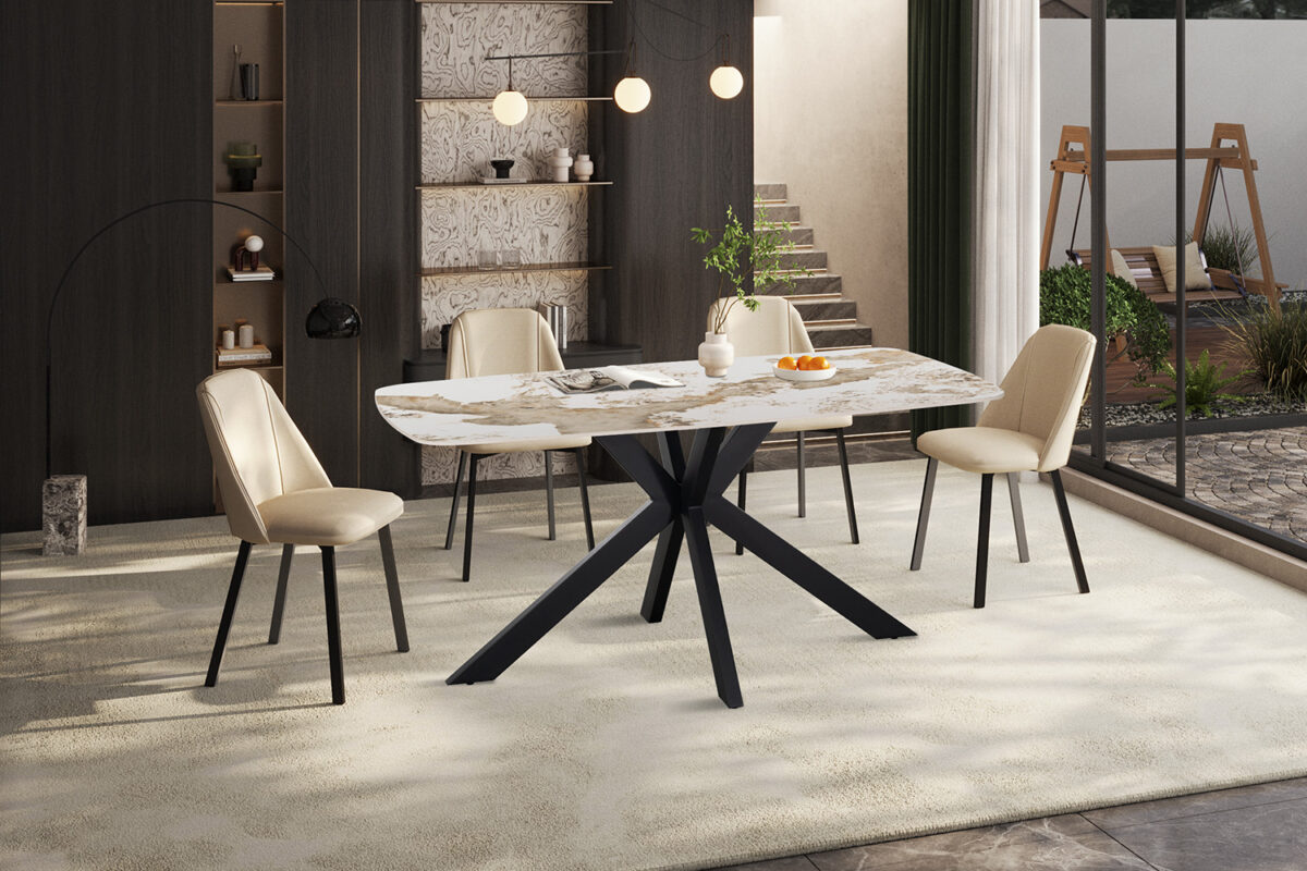 Eettafel Firenze Deens ovaal 160 cm marmerlook wit Industrieel – foto 2