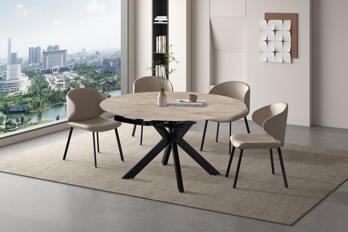 Uitschuifbare eettafel Sparta Rond 140 cm steen beige Industrieel – foto 2