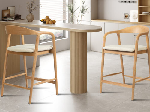 Counterstoel Cannes Met armleuning naturel beige stof Japandi