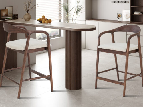 Counterstoel Cannes Met armleuning walnoot beige stof Japandi