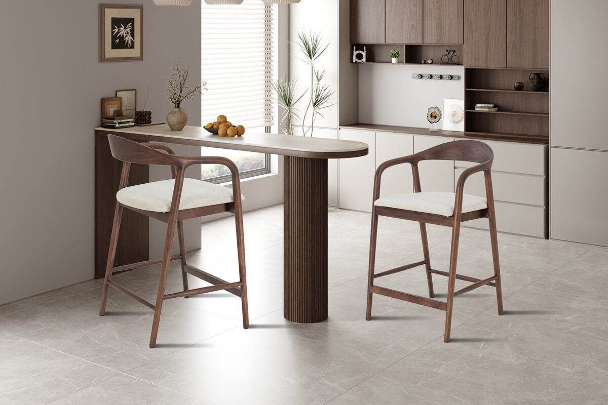 Counterstoel Cannes Met armleuning walnoot beige stof Japandi – foto 3