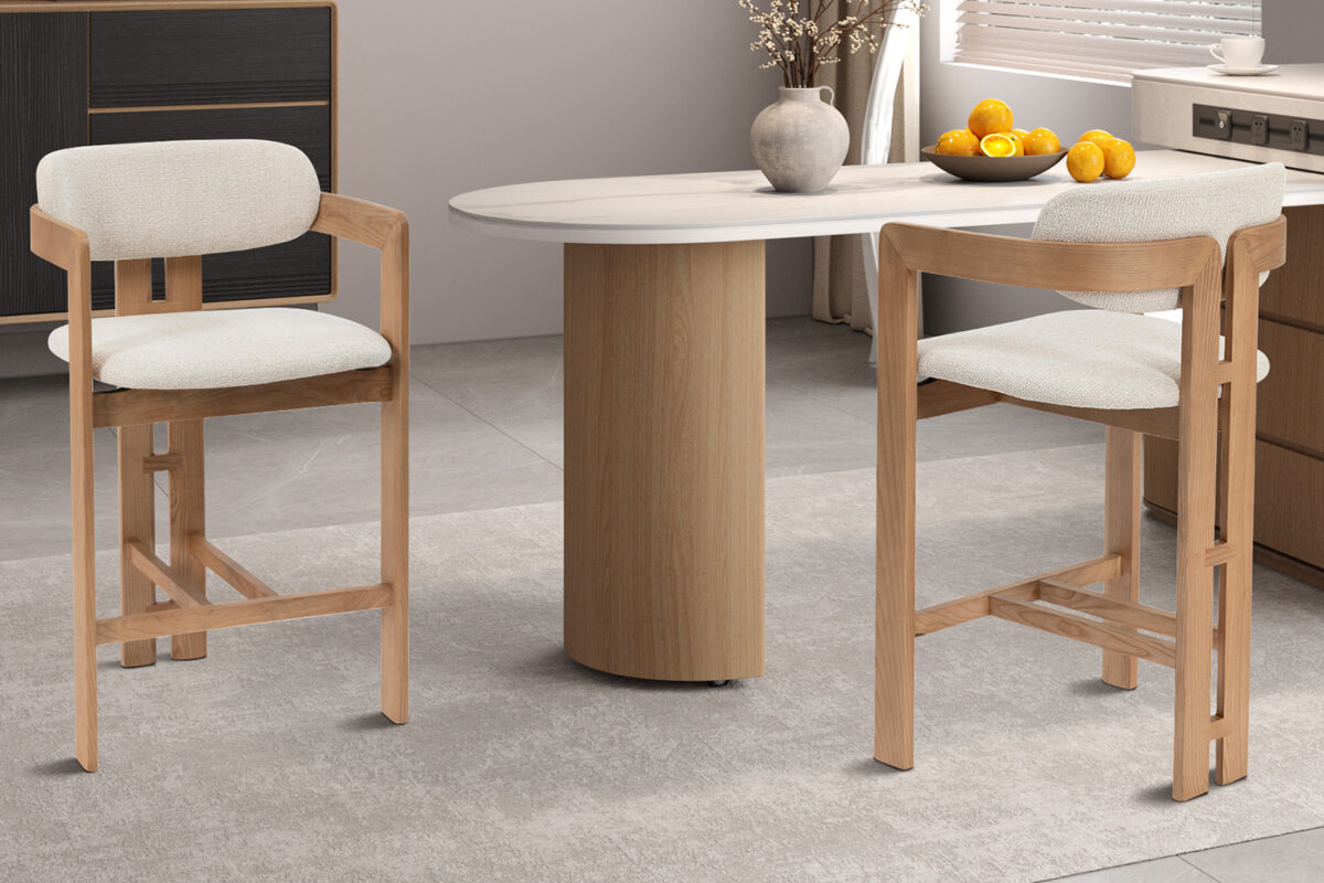 Counterstoel Siena Met armleuning naturel beige stof Japandi