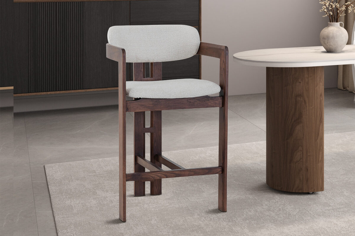 Barstoel Siena Met armleuning walnoot beige stof Japandi – foto 2