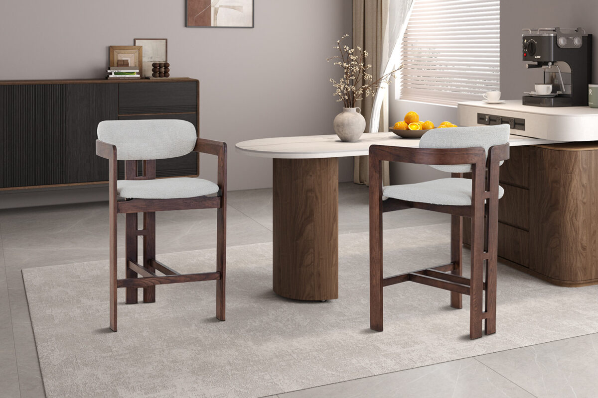 Barstoel Siena Met armleuning walnoot beige stof Japandi – foto 3