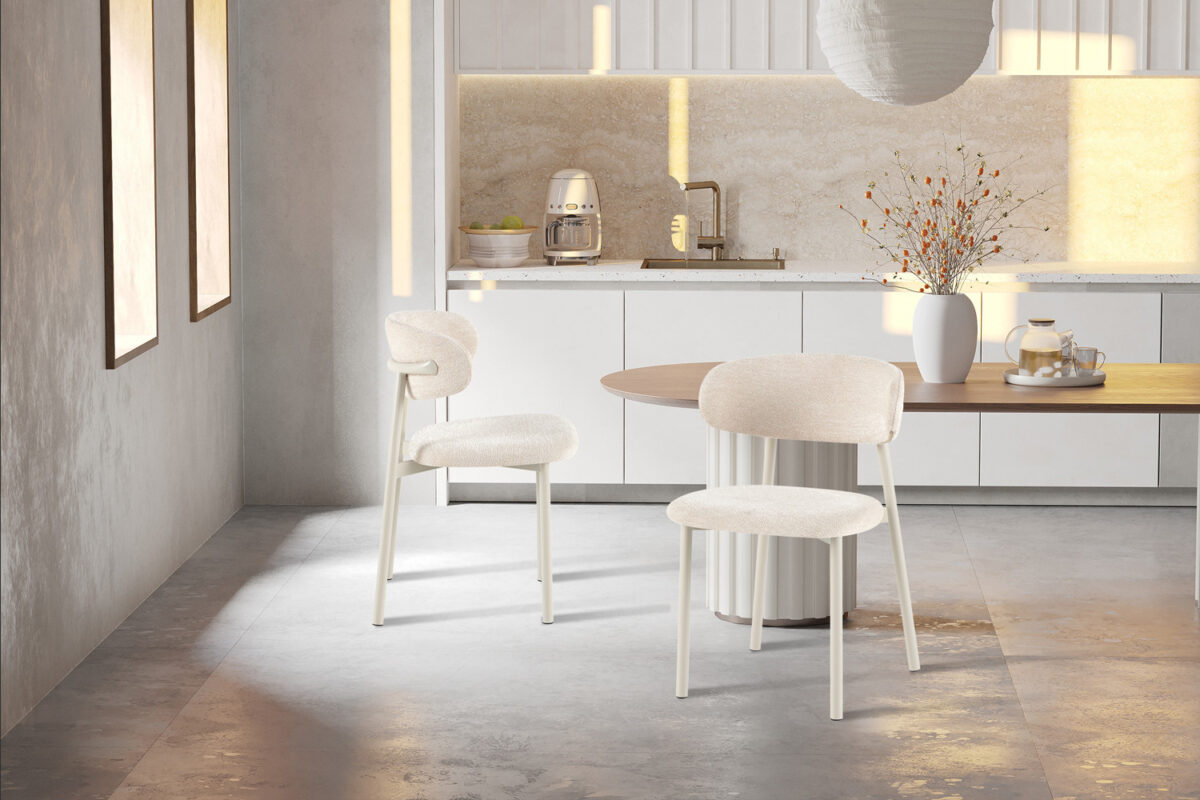 Eetkamerstoel Capri Zonder armleuning grijs beige stof Japandi – foto 3