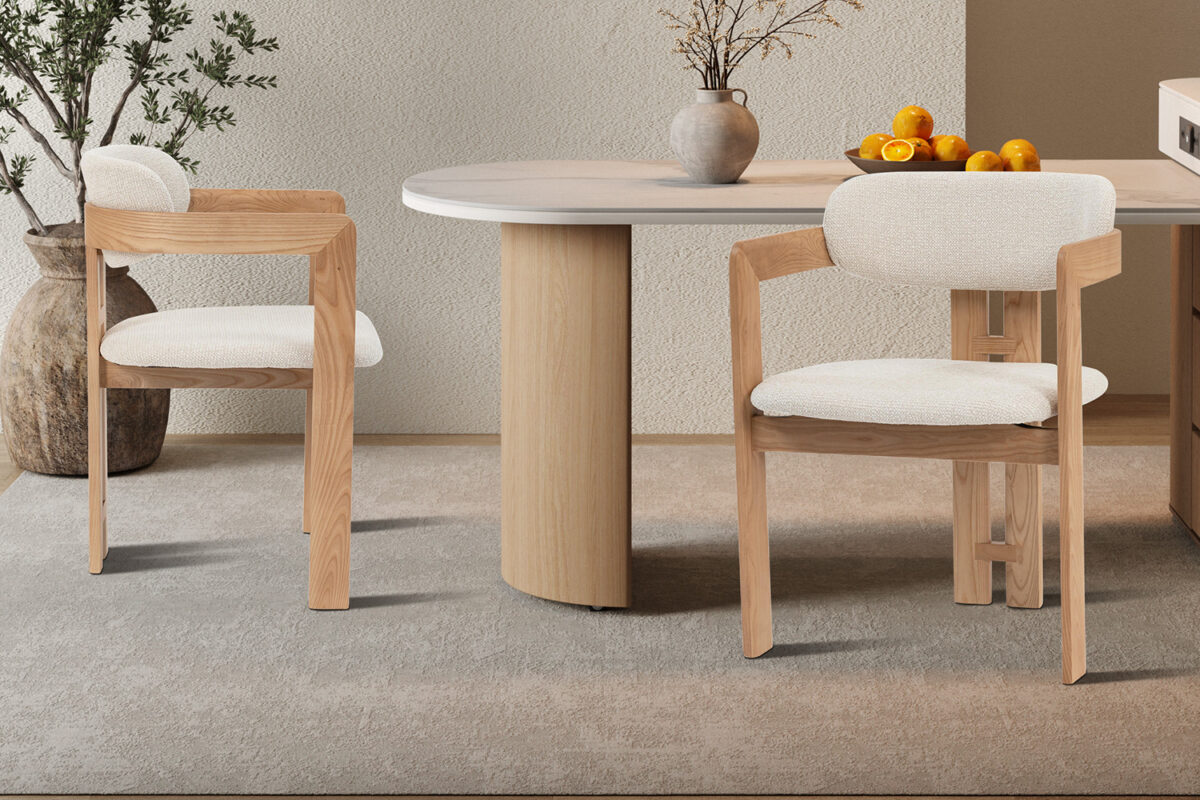 Eetkamerstoel Siena Met armleuning naturel beige stof Japandi – foto 2
