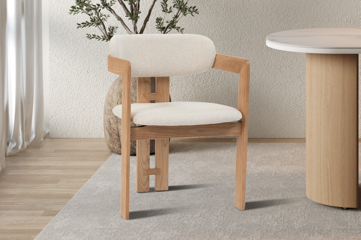 Eetkamerstoel Siena Met armleuning naturel beige stof Japandi – foto 3