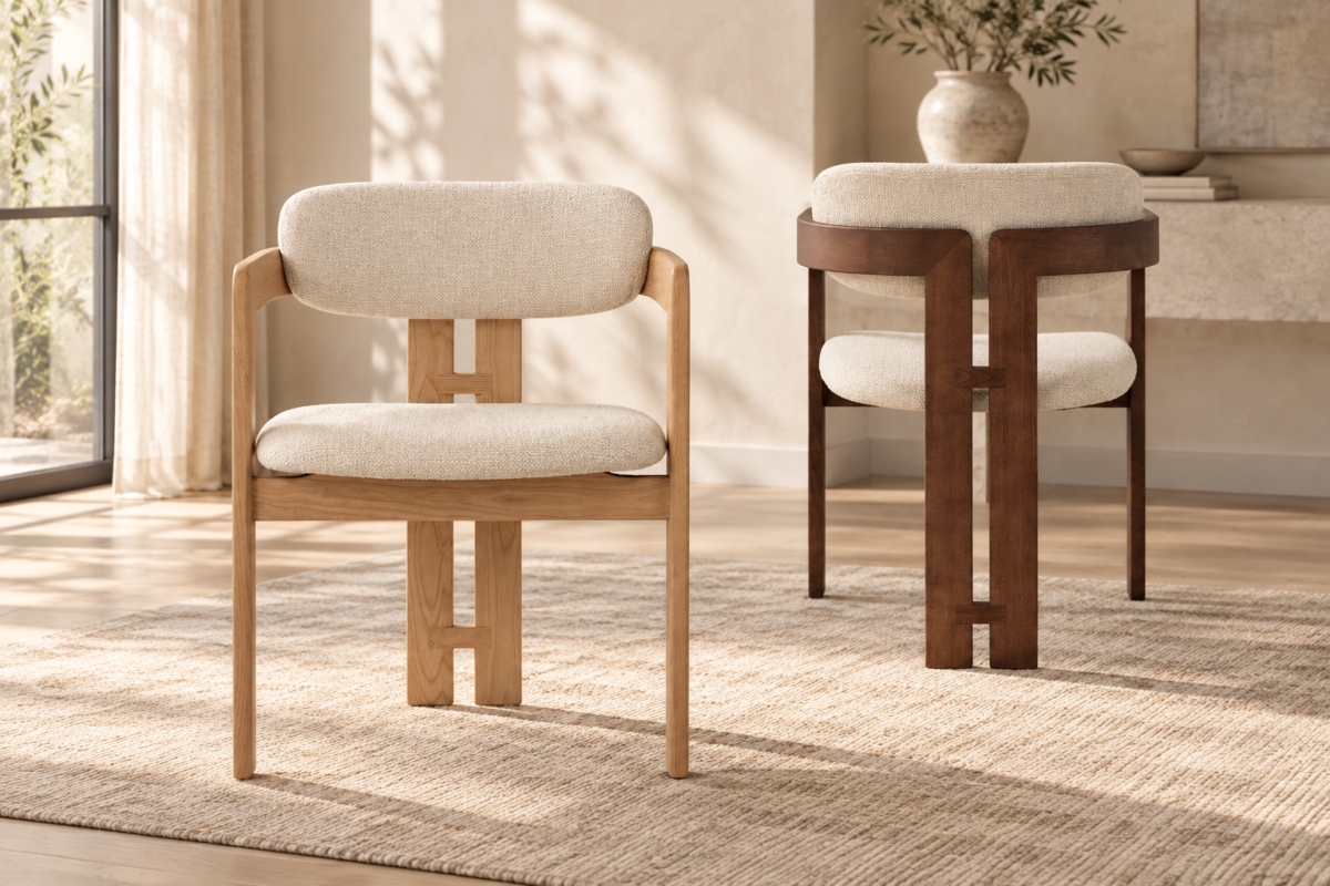Eetkamerstoel Siena Met armleuning naturel beige stof Japandi – foto 4