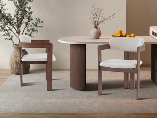 Eetkamerstoel Siena Met armleuning walnoot beige stof Japandi