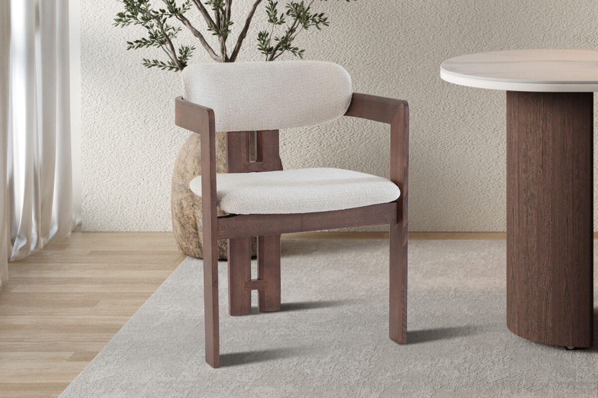 Eetkamerstoel Siena Met armleuning walnoot beige stof Japandi – foto 3