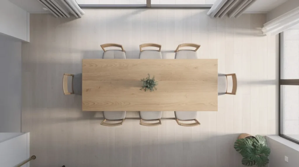 Bovenaanzicht van een eetkamer met een lange rechthoekige eettafel, geschikt voor 8 personen, omringd door voldoende loopruimte en eetkamerstoelen. De ruimte heeft een gezellige sfeer en biedt een ideale setting voor diners met vrienden en familie.