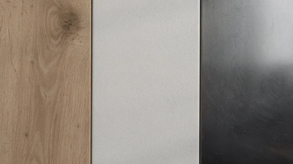 Close-up van verschillende tafelblad materialen, waaronder warm eikenhout, glad keramiek en donker metaal, die samen de veelzijdigheid van tafelontwerpen benadrukken. Deze materialen zijn perfect voor het creëren van een blad dat bij jouw interieur past.