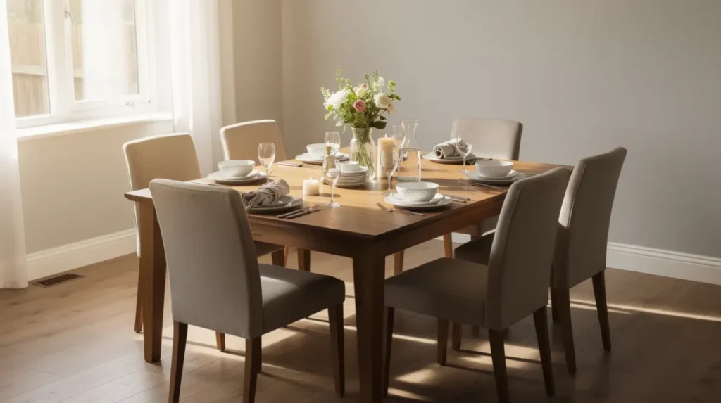 De afbeelding toont een gezellige gedekte eettafel in een lichte eetkamer, omringd door zes comfortabele stoelen. De tafel is perfect voor zes personen en biedt voldoende ruimte voor borden en servies, waardoor het een ideale plek is voor familie en vrienden om samen te genieten.