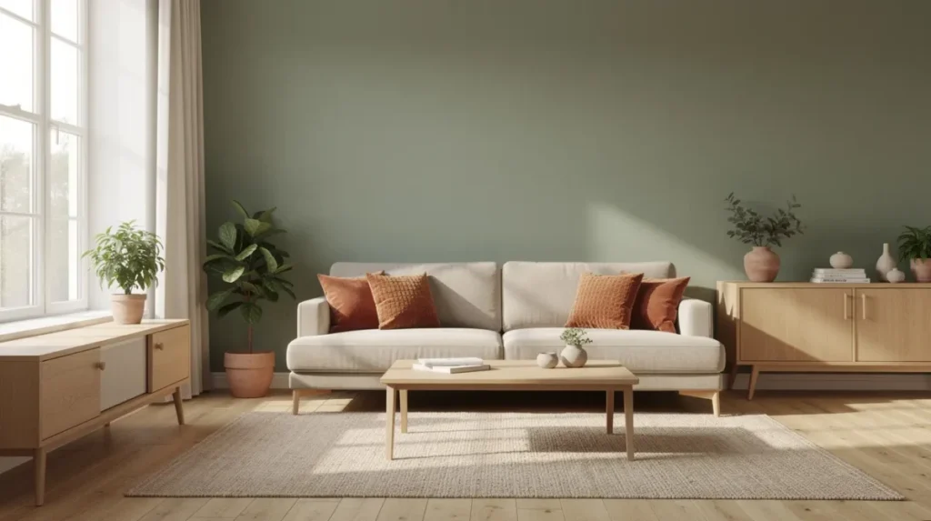 De lichte woonkamer heeft een saliegroen accent op de muur, dat mooi contrasteert met de beige bank en terracotta kussens, terwijl de houten meubels een natuurlijke uitstraling geven. Deze ruimte straalt harmonie uit door het gebruik van gedempte kleuren en accessoires die elkaar aanvullen.