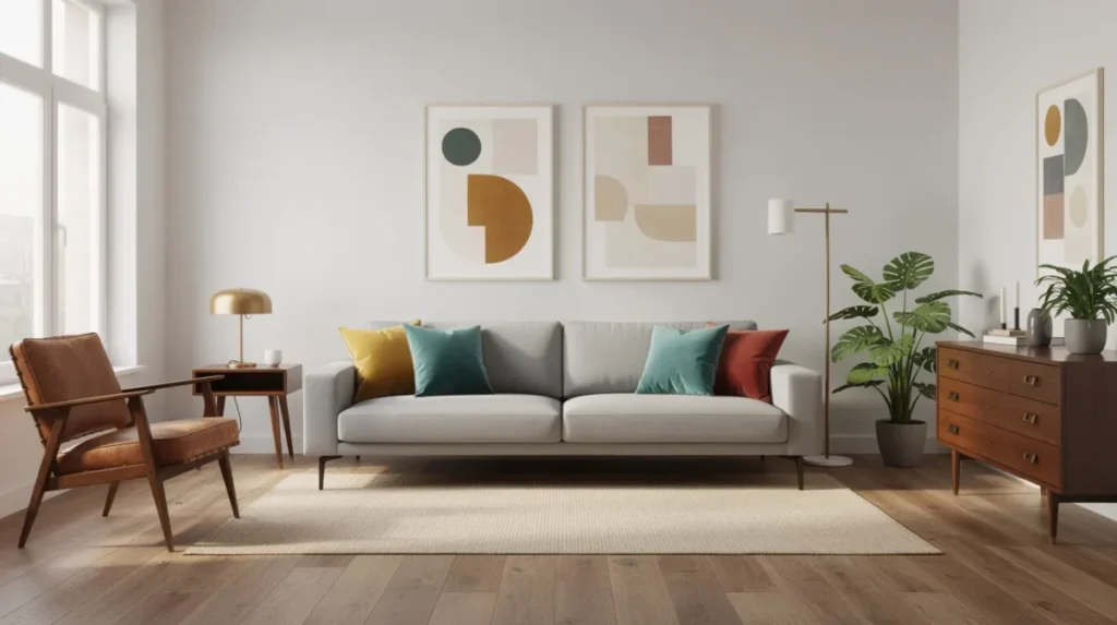 De lichte woonkamer toont een harmonieuze mix van moderne en vintage meubels, met strakke lijnen en zachte tinten. De houten vloer en neutrale muren vormen een rustige basis, terwijl kleurrijke kussens op de moderne bank een speelse touch geven aan het eclectische interieur.