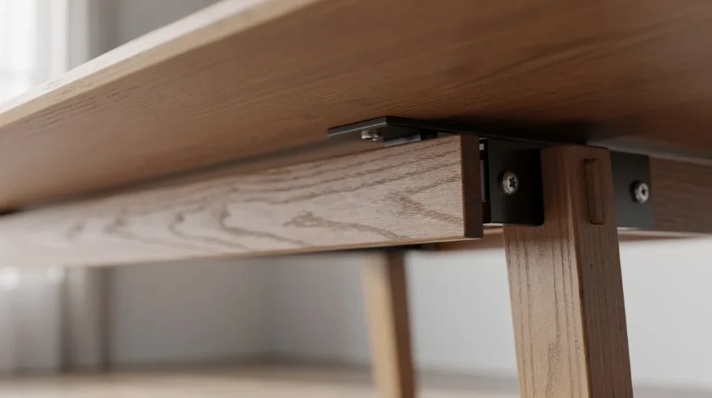 Detailopname van de onderkant van een nieuwe eettafel, waar de dikke rand en de pootconstructie duidelijk zichtbaar zijn. De tafel is ontworpen om een goede zithouding te ondersteunen, met voldoende beenruimte voor comfortabele eetervaringen.