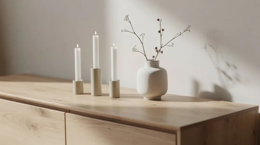 Drie kaarsenhouders van verschillende hoogtes staan op een houten dressoir, naast een kleine vaas met gedroogde takken. Deze combinatie voegt een stijlvolle uitstraling en extra sfeer toe aan het minimalistisch interieur.