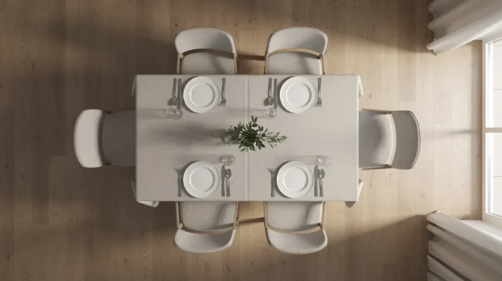 Een bovenaanzicht van een gedekte eettafel met zes stoelen eromheen, waarbij voldoende loopruimte is gelaten voor een comfortabele zithouding. De rechthoekige tafel is mooi ingericht, waardoor de ideale hoogte van de eettafel goed tot zijn recht komt.