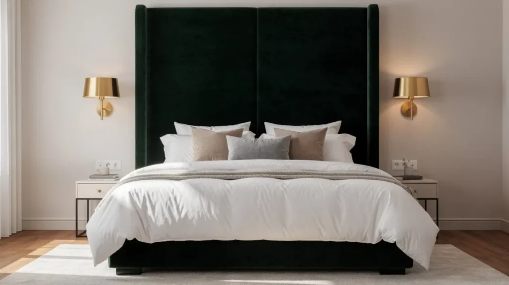 Een chique slaapkamer in hotelstijl met een hoog fluwelen hoofdbord in donkergroen, witte lakens en gouden wandlampen. De ruimte is aangekleed met zachte sierkussens en een hoogpolig vloerkleed, wat bijdraagt aan de luxe sfeer en elegante uitstraling.