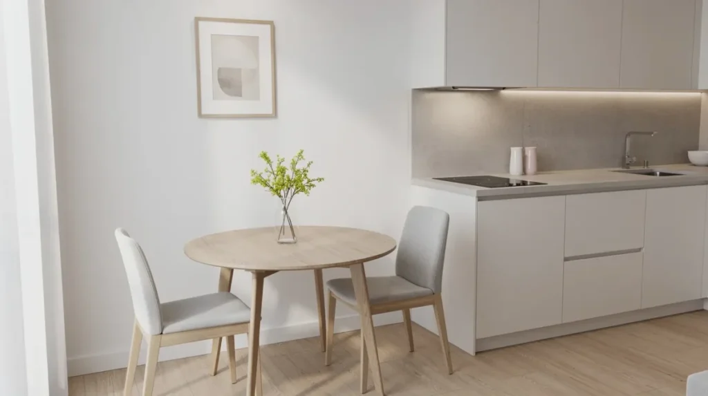 Een compacte eethoek met een kleine ronde tafel en twee eetkamerstoelen, gelegen naast een keuken. De tafel biedt voldoende ruimte voor twee personen om comfortabel te zitten en te genieten van een maaltijd.