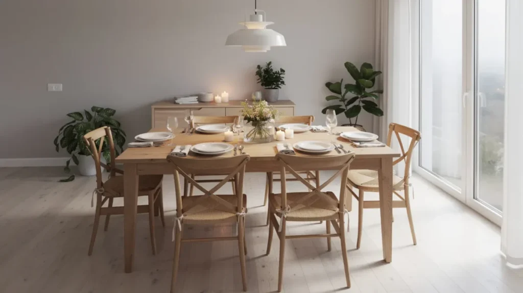 Een gezellig gedekte eettafel voor acht personen staat in een lichte, moderne eetkamer met een houten vloer en grote ramen. De rechthoekige eettafel is omringd door comfortabele eetkamerstoelen, wat zorgt voor een uitnodigende sfeer voor diners met vrienden en familie.