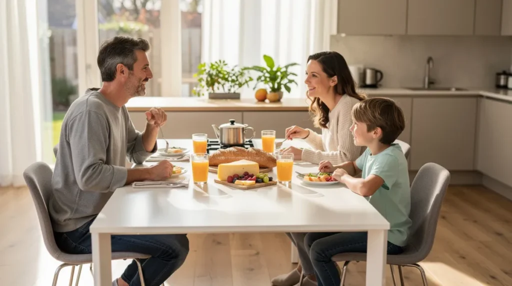 Een gezellig gezin geniet van hun ontbijt aan een strakke eettafel met een keramisch tafelblad in een lichte, moderne keuken. De tafel biedt een luxe uitstraling en is onderhoudsvriendelijk, perfect voor dagelijks gebruik.