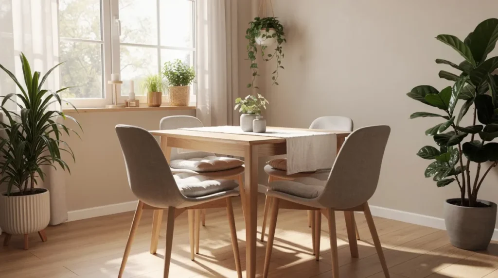 Een gezellige eethoek met een rechthoekige eettafel voor vier personen, omringd door comfortabele stoelen in een lichte kamer met planten. De ruimte straalt een uitnodigende sfeer uit, perfect voor samen tafelen.