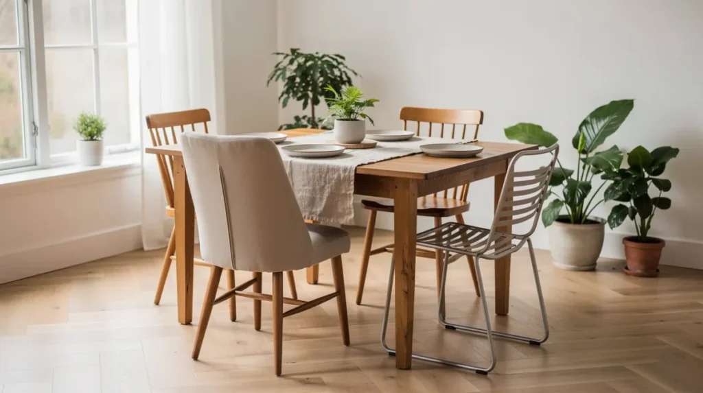 Een gezellige eethoek met verschillende eetkamerstoelen rondom een houten eettafel, in een lichte ruimte die baadt in natuurlijk licht. De combinatie van verschillende stoelen in meerdere kleuren en materialen creëert een warme sfeer en een speelse twist in het interieur.