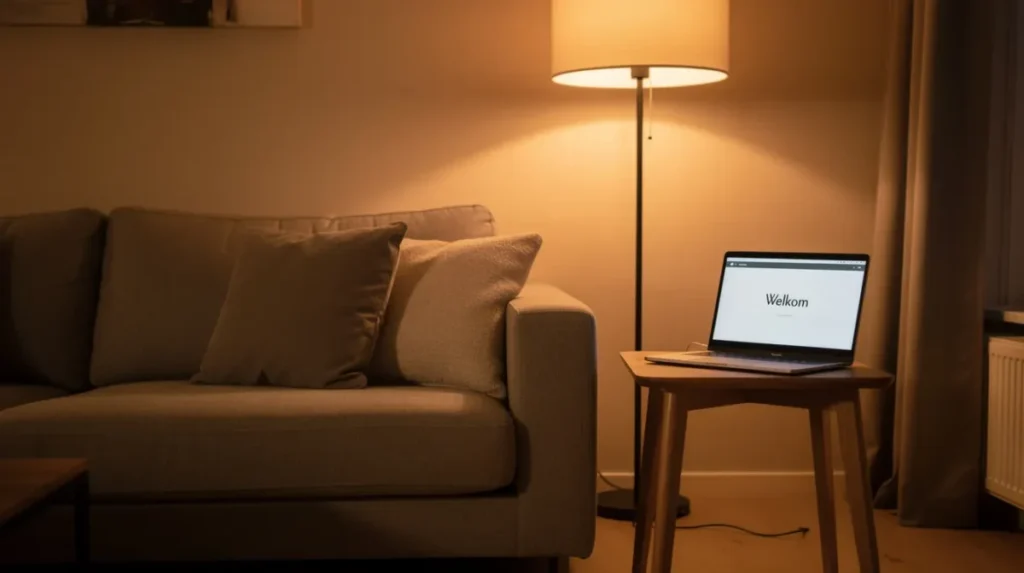 Een gezellige woonkamer met een comfortabele bank en een klein tafeltje ernaast waarop een laptop staat. De warme verlichting creëert een uitnodigende sfeer, perfect voor een ergonomische werkplek en ontspannen houding.