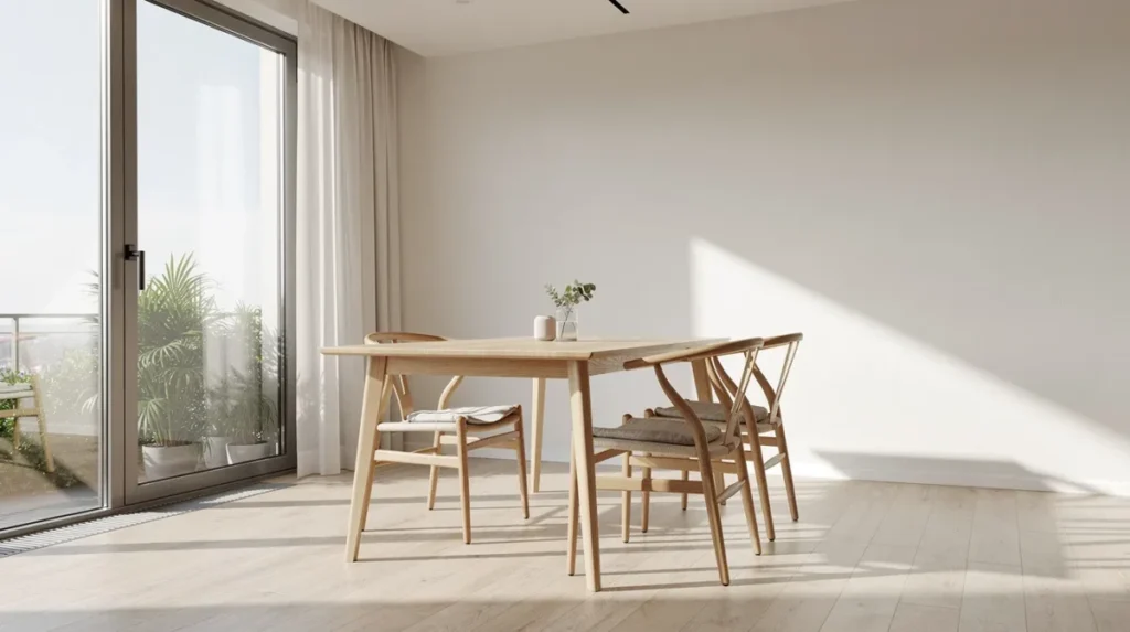 Een lichte eetkamer met een rechthoekige eettafel en vier stoelen, waar het zonlicht door grote ramen naar binnen valt, creëert een gezellige sfeer. De eettafel biedt genoeg plek voor vier personen en staat mooi in het interieur.