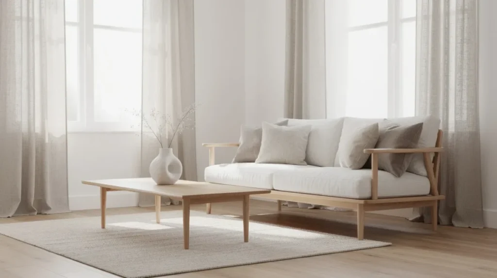 Een lichte woonkamer in japandi stijl met een lage houten bank en een keramieken vaas op de salontafel. De ruimte is ingericht met zachte linnen kussens in neutrale tinten, wat bijdraagt aan de serene sfeer van het interieur.