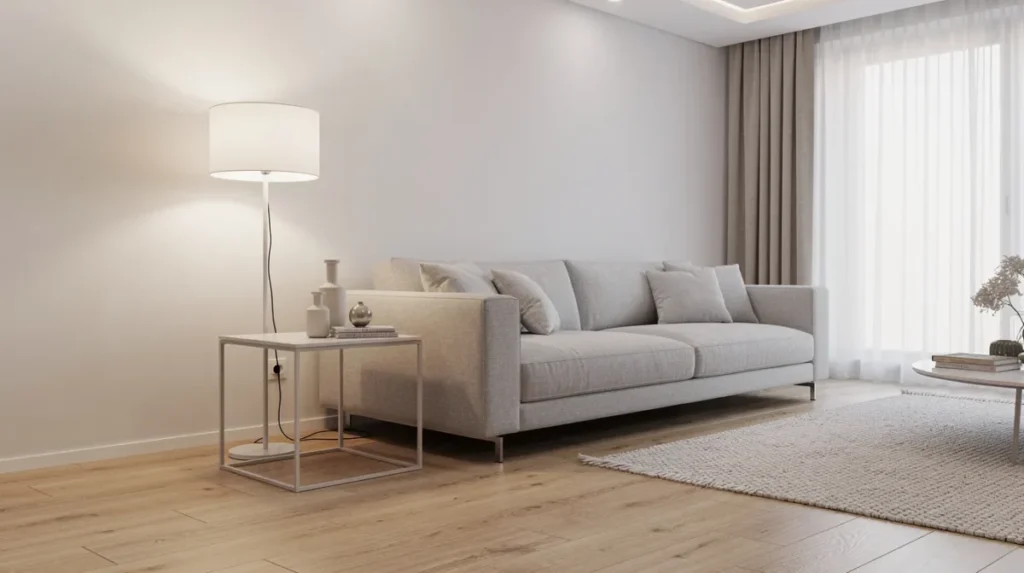Een moderne woonkamer met een slanke bijzettafel naast een grijze bank, waar de houten vloer en zachte verlichting een gezellige sfeer creëren. Deze praktische tafel biedt extra stabiliteit en is ideaal voor het gebruik van een laptop, waardoor je overal comfortabel kunt werken.