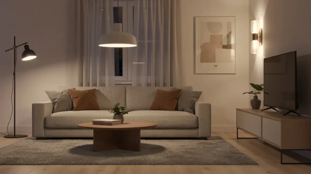 Een moderne woonkamer met meerdere lichtbronnen, waaronder een hanglamp, staande lamp en wandlampjes, die samen een gezellige sfeer creëren. De verlichting zorgt voor een gelijkmatige lichtverdeling en voldoende helderheid, ideaal voor ontspanning en activiteiten.