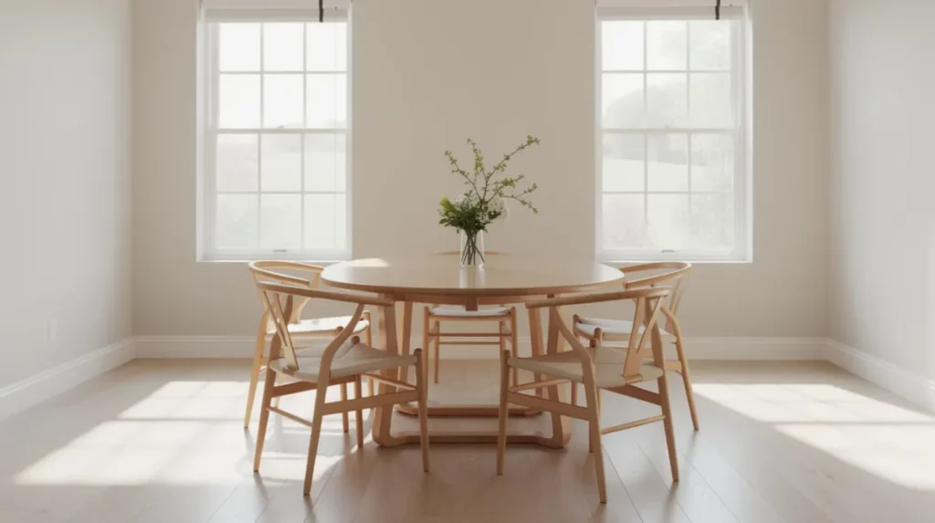 Een ovale houten eettafel voor vier personen staat centraal in een ruime eetkamer, omringd door vier eetkamerstoelen. Het natuurlijke licht dat de ruimte binnenvalt creëert een gezellige sfeer, perfect voor een maaltijd met vrienden of familie.