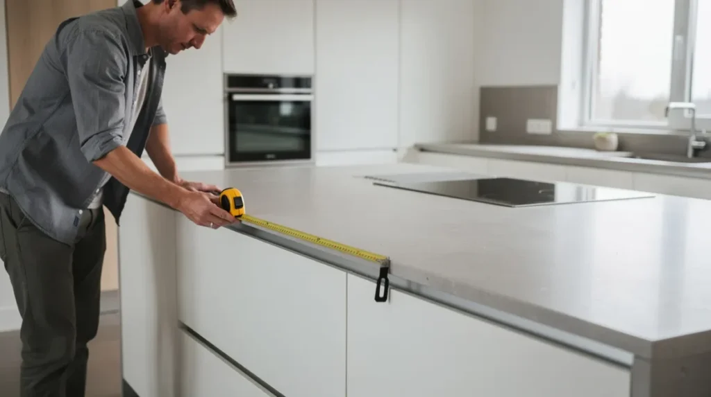 Een persoon meet met een meetlint de lengte van een kookeiland in een moderne keuken, terwijl er verschillende barkrukken met gestoffeerde zittingen in de buurt staan. De focus ligt op het bepalen van hoeveel barkrukken er passen en de ideale zithoogte voor voldoende beenruimte.