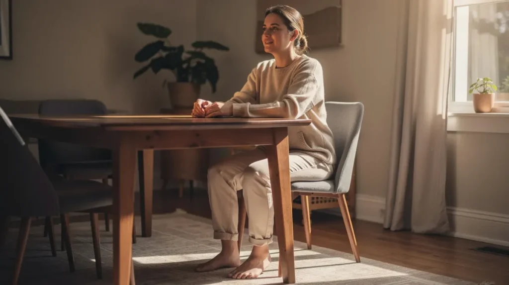 Een persoon zit ontspannen aan een rechthoekige houten eettafel, met de voeten plat op de grond en de onderarmen rustend op het tafelblad. De zithouding is comfortabel, wat bijdraagt aan een fijne eetervaring aan de huidige eettafel.
