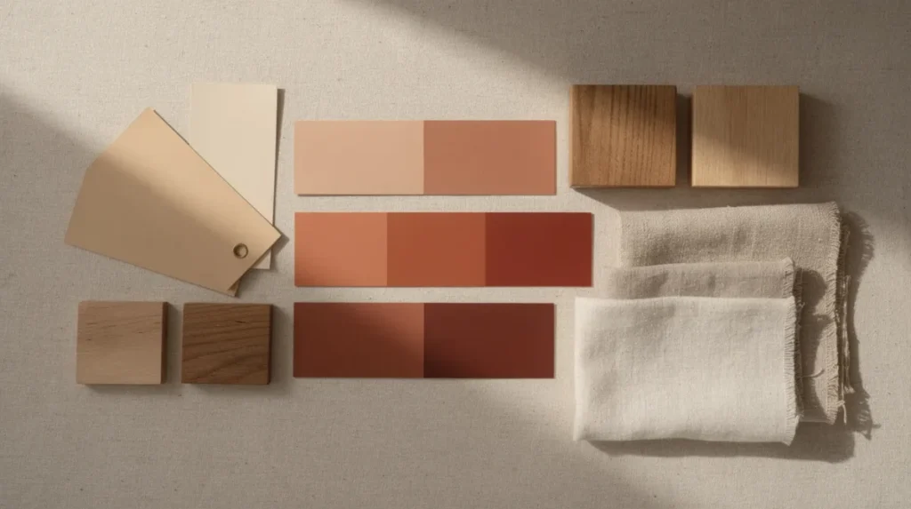 Een staalkaart met zand-, beige- en terracottatinten ligt naast houten samples en linnen stofstalen, wat kenmerkend is voor deze woonstijl. De zachte kleuren en natuurlijke materialen benadrukken de balans tussen soberheid en gezelligheid.