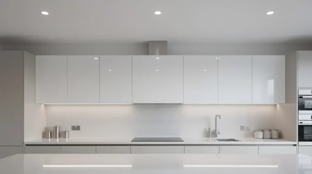 Een strakke keuken met moderne led verlichting, waaronder led spots in het plafond en led strips onder de bovenkastjes, zorgt voor een helder licht dat het werkblad gelijkmatig verlicht. Deze functionele verlichting biedt voldoende lumen per vierkante meter voor optimale zichtbaarheid en bevordert de concentratie tijdens het koken.